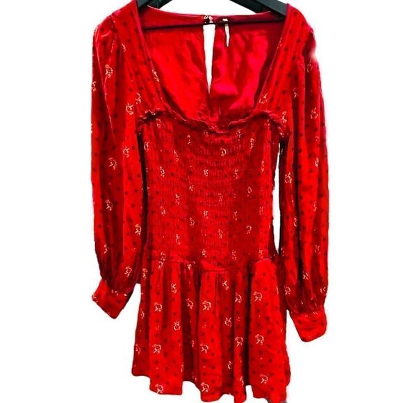 FREE PEOPLE Two Faces Smocked Floral Red Dress Size Small - Picture 1 of 4